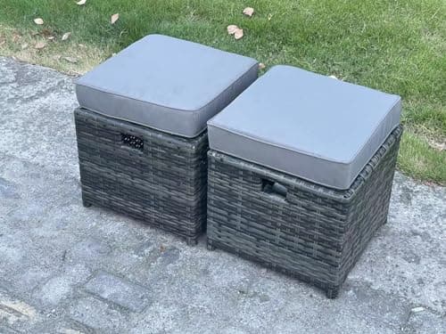 Image of FMSGarden 2 Pcs Rattan Small Footstool Patio Wicker Seat Outdoor Footrest Garden Furniture Dark Grey