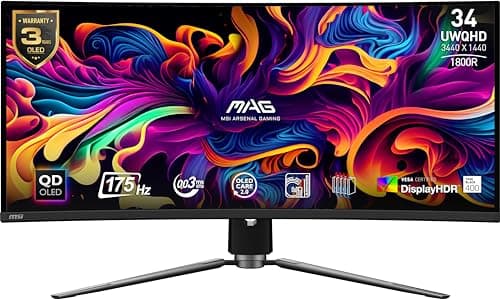 Image of MSI MAG341CQP QD-OLED 34-inch Curved Gaming Monitor, 3440x1440 UWQHD, 0.03ms Response Time, 175Hz, True Black HDR 400, HDMI & DP Ports, USB Type-C, Tilt & Height