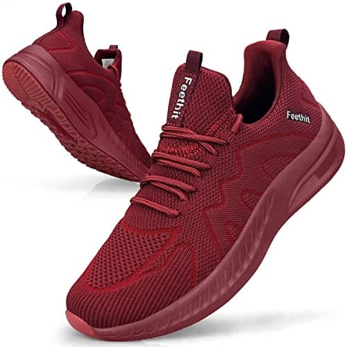 Image of Feethit Trainers Men Running Shoes Tennis Sports Training Walking Gym Athletic Fitness Fashion Sneakers Trainers for Men Breathable Lightweight Comfortable Outdoor Flat Shoes for Jogging Red UK 9