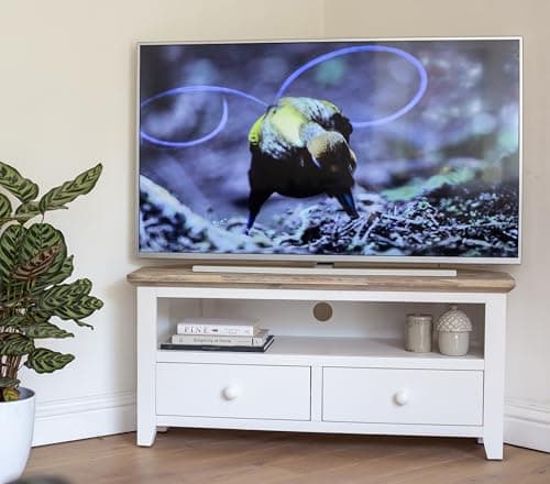 Image of Statement Furniture Florence Wooden Corner TV Stand with 2 Drawers, Shelf, Cable Access, Acacia Hardwood Top | W108cm, H50cm, D40cm | Fully Assembled Media Unit (white)