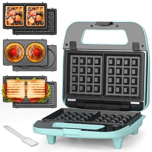 Image of Baker’s Friend 3 In 1 Waffle Maker with Removable Plates, Square Waffle Iron Removable Plates, Pancake & Sandwich Maker Press, Grilled Cheese Maker, Non-stick, Stainless Steel, UK Plug, Aqua
