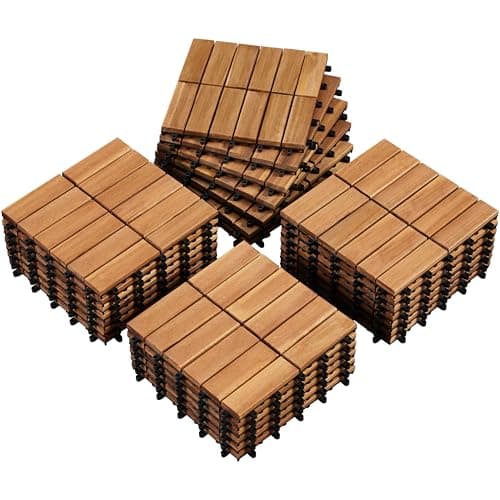 Image of Yaheetech 1 Pack Tiles, Waterproof Acacia DIY Furniture Deck Tiles for Flooring, Plastic Interlocking Wooden Tiles 27 pcs for Outdoor Indoor, 30 cm W × 30 cm L Patio Garden Deck Poolside