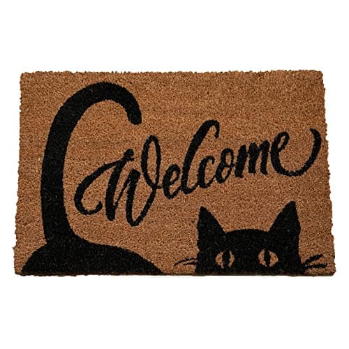 Image of Natural Coir Mat Printed Patterned Dirt Trapper Indoor/Outdoor Door Mat Welcome Mat Non-Slip PVC Backed Doormat 60cm x 40cm (Black Cat Welcome)