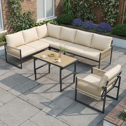 Image of ModernLuxe 7–8 Seater Garden Furniture Set, L-Shaped Corner Sofa with Polyester Rope, Outdoor Patio Dining and Lounge Set with Height-Adjustable Coffee Table and Compact Stools, Weatherproof, Beige