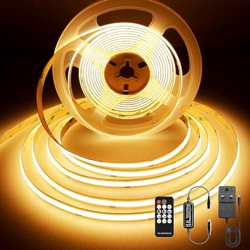 Image of BERIXDEEP 5m Warm White LED Strip Lights, 480LEDs/m, COB LED Strip with Remote and Power Supply, CRI>92, 8mm Width, 24V LED Tape for Ambient Lighting to Skirting Boards, Dark Corner, Bedroom, 3000K