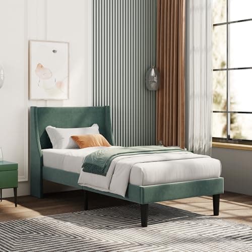 Image of Merax Single Bed Frame 3FT Upholstered Bed with Winged Headboard, Wood Slat Support, Strong Comfortable Single Bed, Bedroom Furniture, Soft Velvet Green