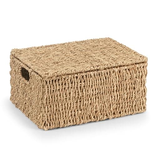 Image of Woodluv Storage Boxes with Lids, Woven Natural Seagrass, Nesting Storage Baskets for Shelves, Gift Hamper Basket | Shelf Hamper Organiser for Bathroom, Bedroom, Kitchen & Home Office, Large