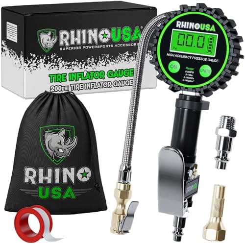 Image of Rhino USA Digital Tyre Pressure Gauge with Inflator (0-1400 KPa) (0–200 PSI) – Heavy-Duty Chuck, 5 cm Dial, Stainless Hose & Brass Components – Ideal for Cars, Trucks, Motorbikes, and RVs