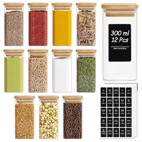 Image of ComSaf 12Pcs Glass Spice Jars with Bamboo Lid and Labels, 300ml Airtight Square Small Glass Containers, Empty Seasoning Jars for Spice Salt Sugar Herb