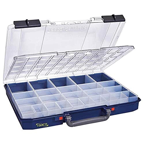 Image of raaco CarryLite 55 5x10-25/DL: Lightweight Sorting Box for Workshop, with 25 Inserts for Small Parts, Load Capacity 10 kg, Safe Storage, Transparent Sandwich Lid, 33 x 41.3 x 5.8 cm