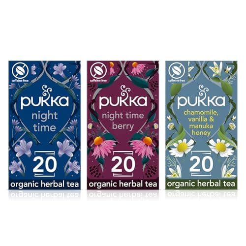 Image of Pukka Herbs, Chamomile Calm Herbal Tea Bundle, Night Time, Night Time Berry & Chamomile, Vanilla & Manuka Honey Tea, 20 Teabags each (3 Pack)