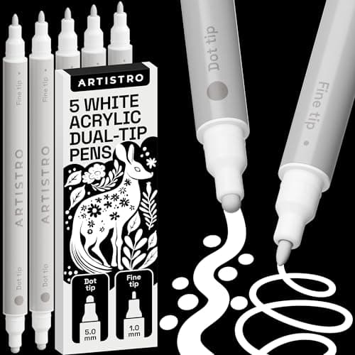 Image of ARTISTRO 5 White Acrylic Paint Pens for Rock, Fabric, Wood, Glass, Decoration - Dual Tip (Dot & Fine) Paint Markers for Coloring Books for Adults, Teens, Kids - Art and Craft Supplies Kit