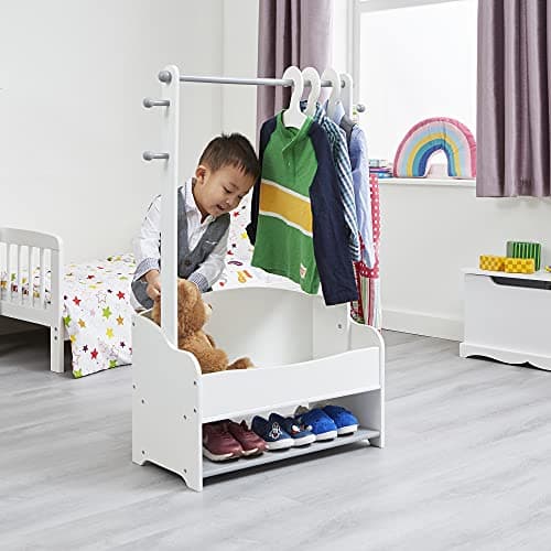 Image of Liberty House Toys Kids Hanging Rail with Extra Storage, Wooden Hanging Rail with Storage, Toddler Dress Up Rail, White and Grey