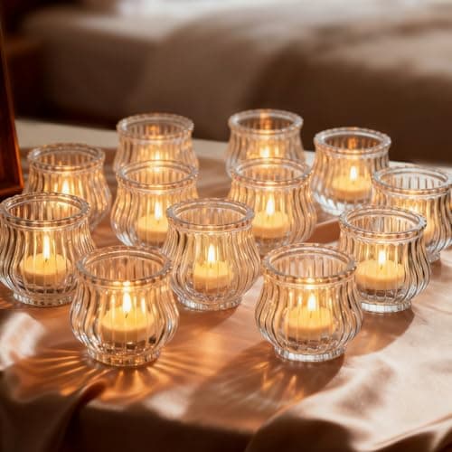 Image of Glasseam Glass Tealight Holders 12Pcs: Tea Light Candle Holders Set Ribbed Tea Light Holder for Wedding Centrepiece Small Votive Candle Holder for Christmas Party Table Decor