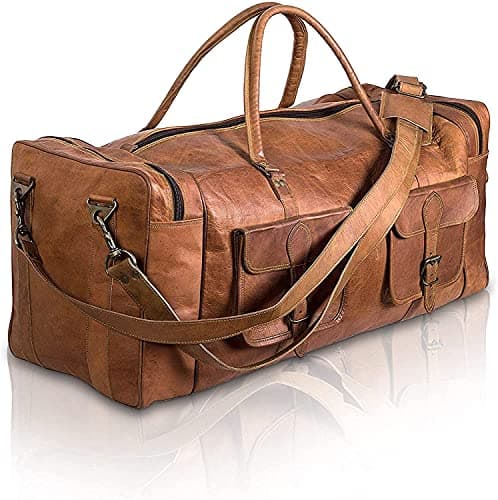Image of ALASKA EXPORTS Mens Leather Duffle Bag Travel Holdall Weekender | Genuine Leather Carry On Luggage Bags Gym Sports Overnight Duffels for Men – Brown