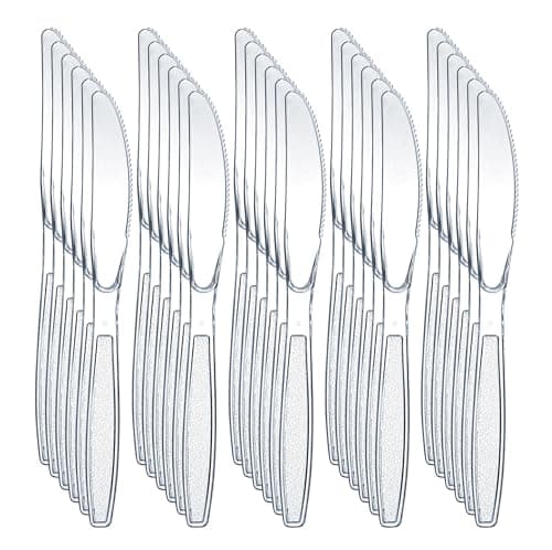 Image of Tezraftaar® 100 x Tithe Heavy Duty Plastic Knives Reusable Clear Cutlery Set BPA Free Durable Catering Wedding Kids Parties Picnic Traveling