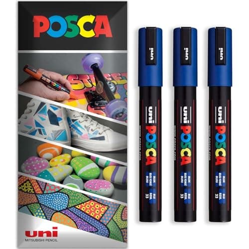 Image of Posca Water Based Acrylic Paint Marker Pens | Multi Surface Use Permanent Paint Pen | Pack of 3 Pens in Envelope Gift Packaging | Glass, Fabric, Canvas, Wood etc | PC-5M, Blue