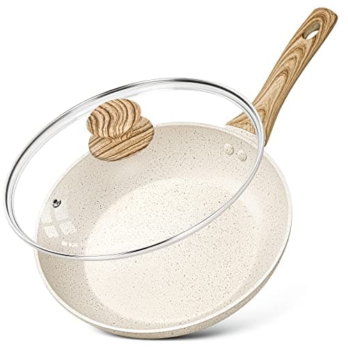 Image of MICHELANGELO Frying Pan with Lid 26cm, Non-Toxic Stone-Derived with Bakelite Handle, Granite Pan for Induction, Cream White