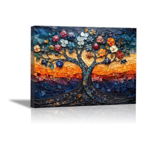 Image of QUSAAOU Canvas Canvas Wall Art Mosaic Tree Life with Colorful Floral Pattern Modern Romantic Pattern Canvas Print Painting Canvas Painting For Living Room Bedroom(Blue)-20x30cm1 Framed