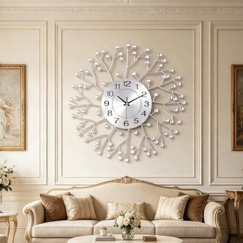 Image of Coslife Wall Clocks for Living Room Decor Modern Silen Stylish Diamond Large Wall Clocks for Living Room, Bedroom, Kitchen, Home Decor 20 Inch Silver Drop Crystal Wall Watch for Indoor