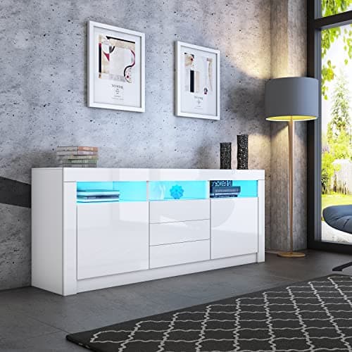 Image of Sideboard, White Gloss Sideboards for Living Room, Living Room Cabinets with LED Lights, 2 Door, 3 Drawers and 3 Open Shelves, Modern Display Unit for Kitchen Dining Room Hallway 160 * 35 * 72CM