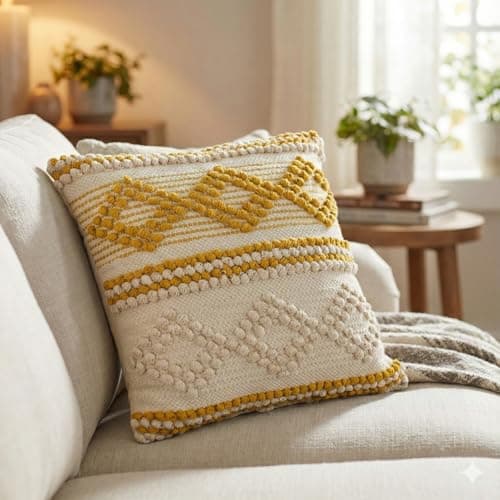 Image of TreeWool Muted Yellow Boho Diamond Accent Cushion Cover 45x45cm [1 Piece] – Handmade Woven Textured Cotton Throw Pillow Case; Decorative Geometric Pillow for Summer Home Decor & Living Room