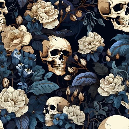 Image of VEELIKE Modern Skull and Floral Blue Wallpaper for Bedroom, Bathroom and Living Room - Gothic Art Deco Wall Mural 44.5cm x 300cm Removable Peel and Stick