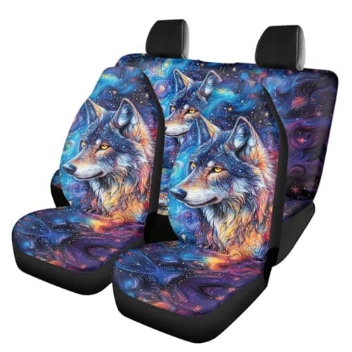 Image of Mumeson Galaxy Wolf Front and Back Seat Cover,Anti-Slip Cushion Covers Universal Fit Auto Interior Accessories 4 PCS Set Auto Seat Protector Cushion Covers