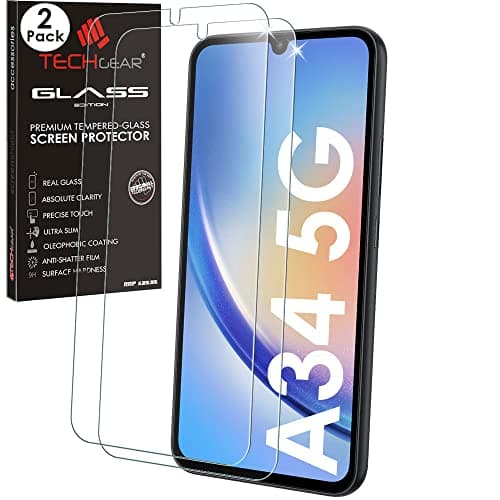 Image of TECHGEAR 2 Pack GLASS Edition Compatible with Samsung Galaxy A34 5G, Tempered Glass Screen Protector Covers [2.5D Round Edge] [9H Hardness] [Crystal Clarity] [Scratch-Resistant] [No-Bubble]