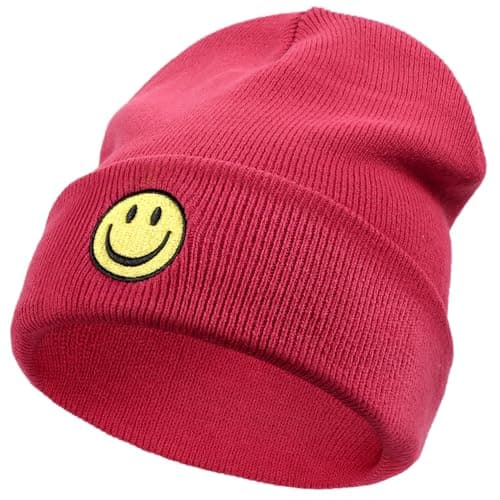 Image of SONMONY Smile Face Beanie Hats for Women Mens Winter Knit Beanies Soft Cuffed Warm Smile Stretchy Beanies Hat…, Red, One Size