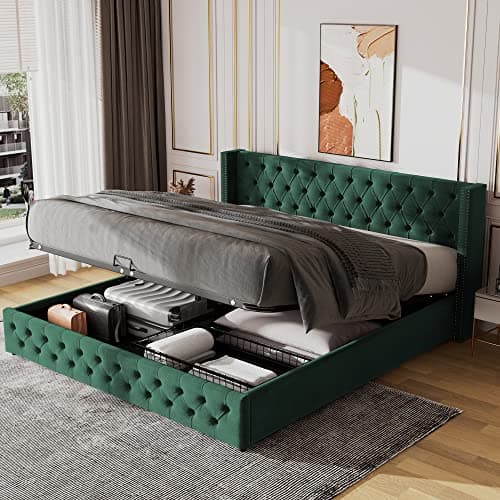 Image of BTM Upholstered Bed, Double Bed Frames 135 * 190cm, Ottoman Storage Bed with Hydraulic Lever, Velvet, Green