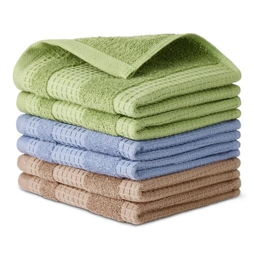 Image of Amazon Basics Organic Cotton Waffle Kitchen Dish Cloths, Ultra Absorbent, Quick Drying, Lint-Free, 2 x 12 inches, 6-Pack (2 Brown, 2 Green, 2 Navy)