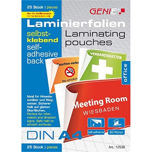 Image of Genie 12538 DIN A4 Laminating Pouches with self-Adhesive Backing, Glossy, Transparent, Film Thickness 80 Micron, Suitable for All hot laminators, Pack of 25