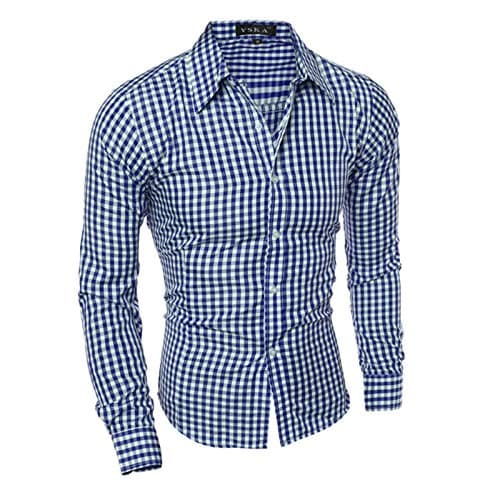 Image of Mens Gingham Check Shirt - Long Sleeve Formal & Casual Business Shirts - Fashion Gingham Undershirt - Non Iron, Slim Fit, Blue