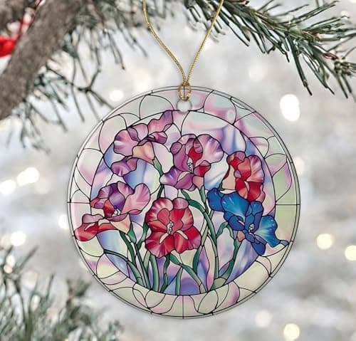 Image of GreenStar Gifts Birth Month Flower Stained Glass Ornament, April Birthday Gift Ornament, Sweet Pea Ornament Ceramic, Flower Sun Catcher, Sweet Pea Flower, Faux Stained Glass Printed on Both Sides