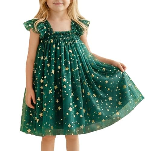 Image of JiAmy Baby Girl Christmas Dress Toddler Star Sequin Tulle Christmas Tree Dress Sleeveless Birthday Party Cake Smash Outfit for Girls 5-6 Years Green Star