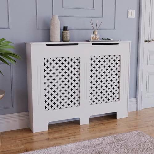 Image of Vida Designs Oxford Radiator Cover White - Medium - Traditional Cross Pattern Design For Optimal Heat Circulation - H82xW111xD19cm - Painted MDF Cabinet Ideal For Living Room & Hallway