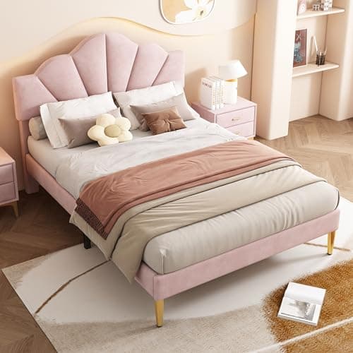 Image of Merax Pink Double Bed Frame, Velvet Upholstered, Adjustable Headboard, Wooden Slatted Frame, Pink/135 * 190cm (No Mattress)