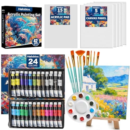 Image of Halobios Acrylic Paint Set, Art Painting Supplies Kit with 24 Colors Acrylic Paints (22ML),Wooden Table Easel,Canvas,Painting Pads,10 Paint Brushes & Etc for Students, Artists and Beginner