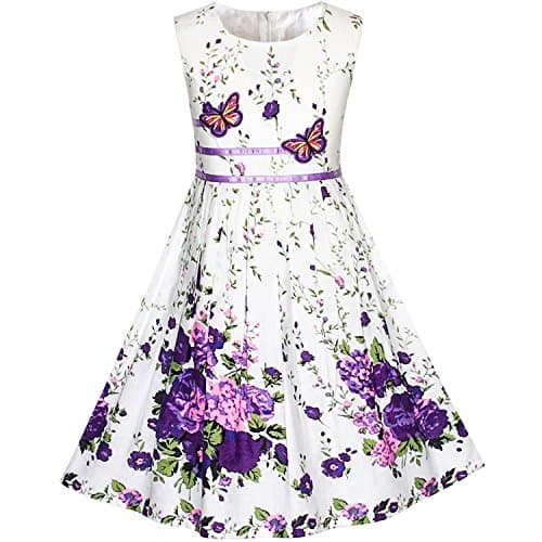 Image of Sunny Fashion KP13 Girls Dress Purple Butterfly Flower Party, 7-8 Years, Purple White