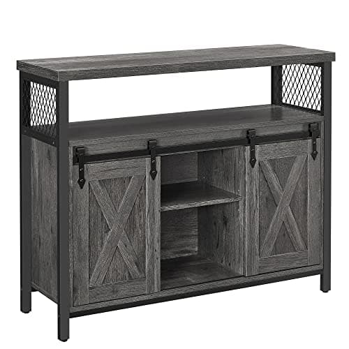 Image of VASAGLE Sideboard, Kitchen Cabinet, Storage Cupboard, with 2 Sliding Barn Doors, 33 x 100 x 80 cm, Adjustable Shelves, for Living Room, Stone Grey and Ink Black LSC092B04