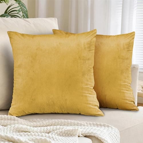 Image of Yorkshire Bedding Pack of 2 Ochre Corduroy Cushion Covers 45 x 45cm Soft Decorative Square Throw Pillow Covers Boho for Living Room Bedroom Sofa Bed with Invisible Zipper 18x18 Inch
