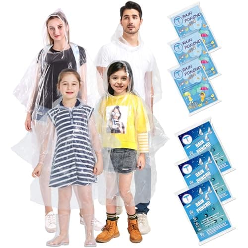 Image of TUNCHMO Disposable Rain Ponchos Family 6 Pack Adults Kids 50% Extra Thicker Emergency Ponchos with Hood