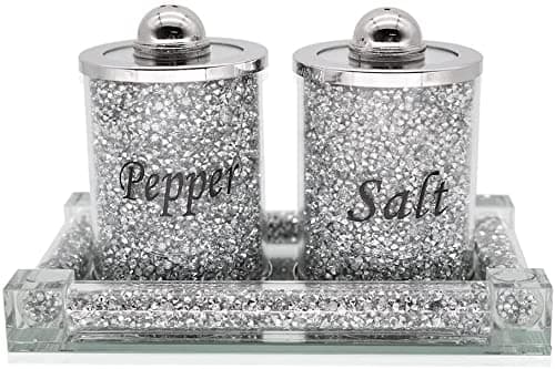 Image of Glamified Set of 3 Salt and Pepper Shakers with Tray - Glass Crystal Crushed Diamonds Salt & Pepper Canister Storage Jar, Cooking Seasoning Jar, Kitchen Accessories