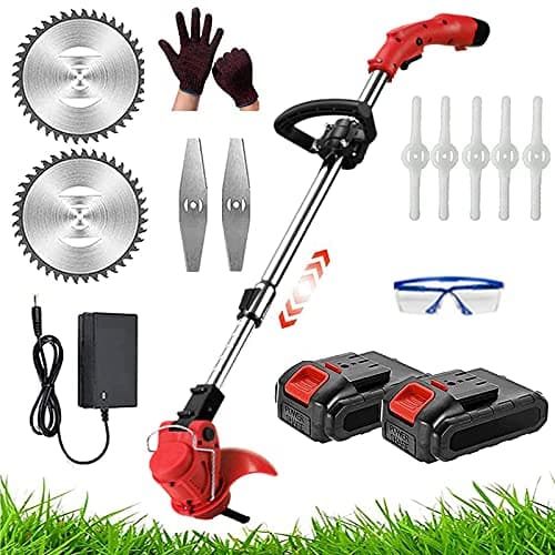 Image of HLCUI Cordless Strimmer, 24V Grass Trimmer with Battery And Charger, Battery Strimmers Cordless Lawn Edger with Three Kinds Spare Blades, for Garden Clearing Weeds Flower Trees,8000mA,2 batteries