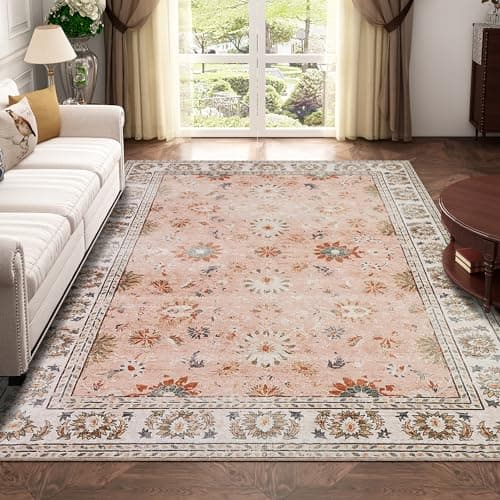 Image of Xfrog Machine Washable Rug Vintage Area Rug for Living Room Non-Slip Traditional Rug Carpet for Office Kitchen Dining Blush 120x170CM