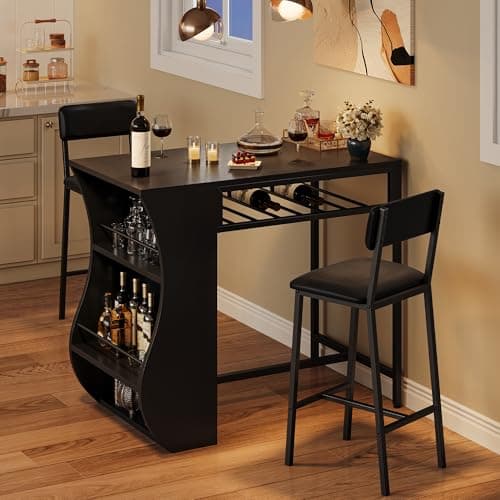 Image of FEONASE 3 Piece Bar Table and Stools Set with 2-Tier Storage Shelves & Wine Rack, Moden kitchen Small Dining Table and Chairs Set 2 for Small Space, Sturdy Steel Frame, Black