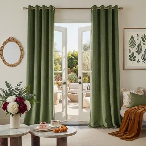 Image of PONY DANCE Olive Green Velvet Curtains - 1 Pair of Thermal Blackout Curtains Elegant Home Decor Window Treatment for Nursery Room/Girls Bedroom, Eyelet Blackout Curtains 52x90