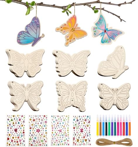 Image of ARTREE Children's Craft Set Easter Butterflies for Painting - 24 Wooden Pendants DIY Set, Creative Set for Children, Easter Decoration, Spring Crafts & Craft Idea for Birthday