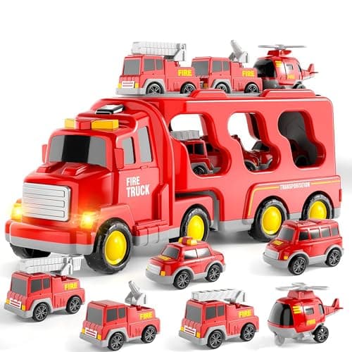 Image of Fire Truck Toys 7 in 1 for Toddlers 3-12 Years Old Boys Girls, Friction Power Car Carrier Transport Vehicle with Light & Sound, Kids Birthday